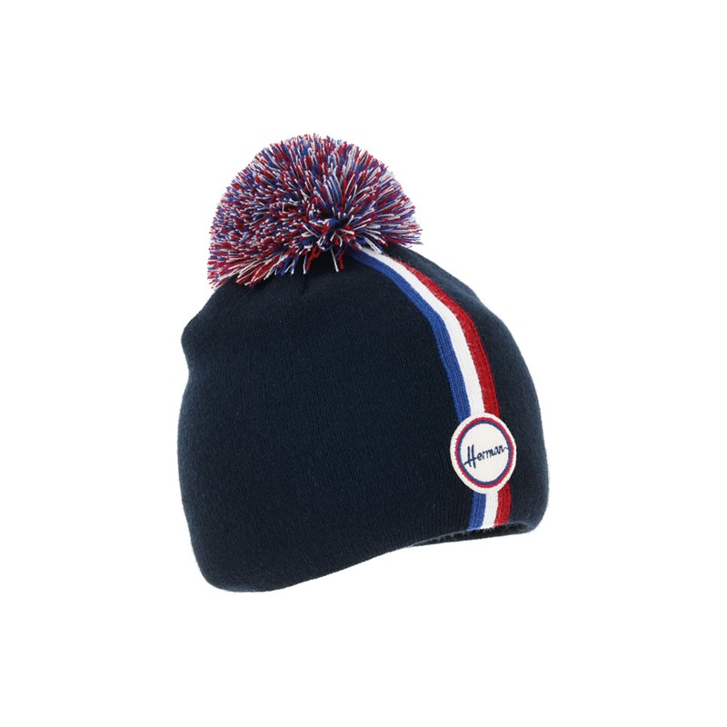 bonnet ligne tricolore et pompon