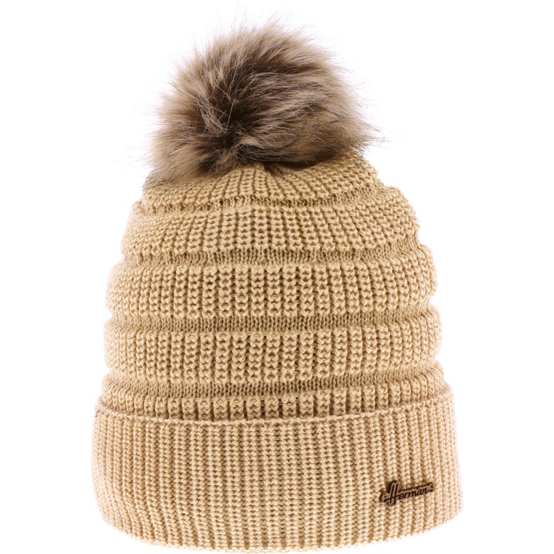 bonnet pompon fausse fourrure beige