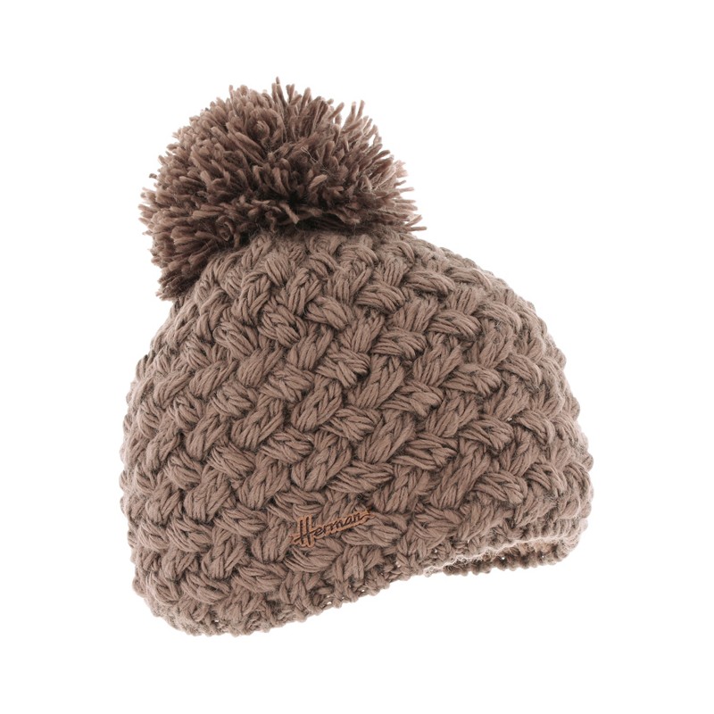 bonnet pompon en maille coloris marron taupe