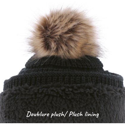 Bonnet enfant uni avec pompon en fausse fourrure doublé plush
