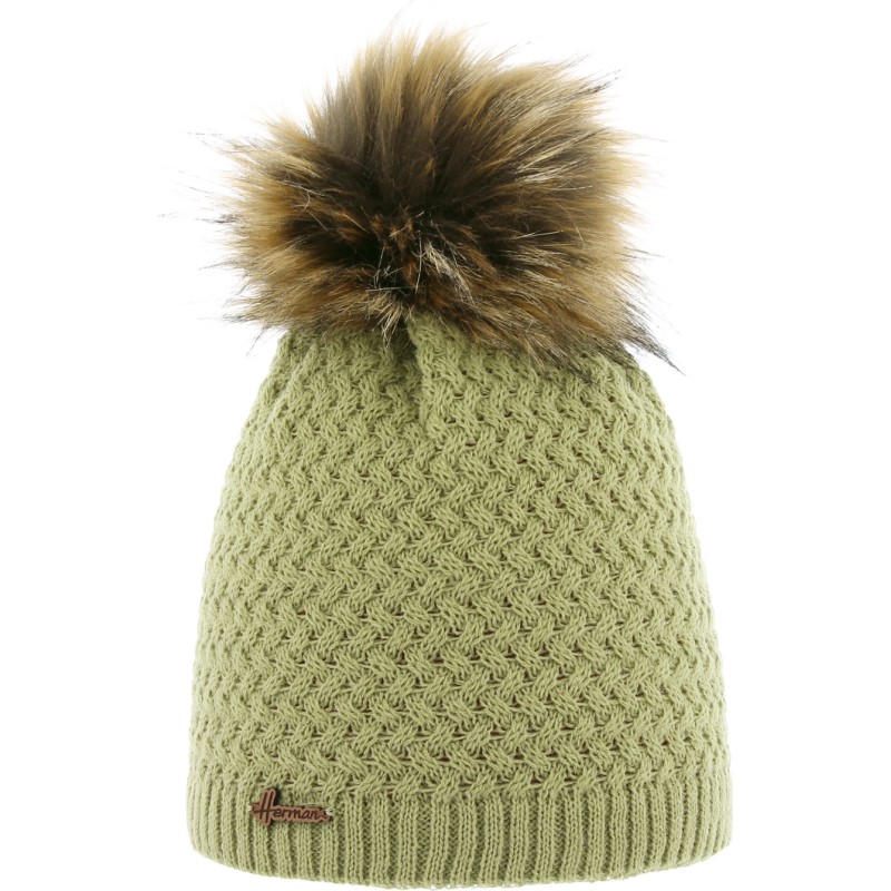 Bonnet uni avec pompon fausse fourrure doublé plush