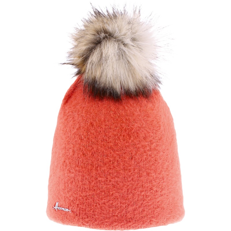Very soft plain nylon hat with faux fur pompom
