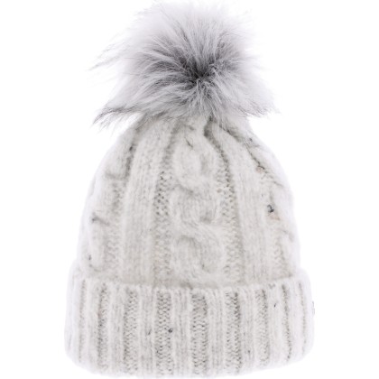 Heathered women's twisted beanie with faux fur pompom