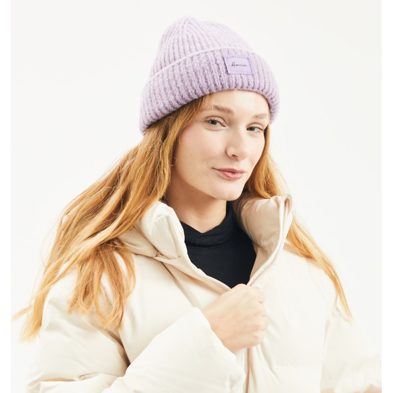 Bonnet adulte grosse maille uni avec badge et revers Bonnet adulte grosse maille uni avec badge et revers