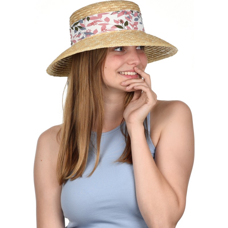 Capeline unie en paille naturelle cousue avec un foulard, avec cordon