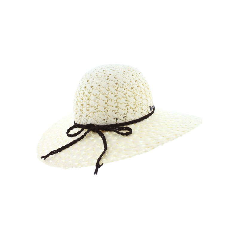 Capeline en paille papier unie avec fine ceinture tressée en faux cuir