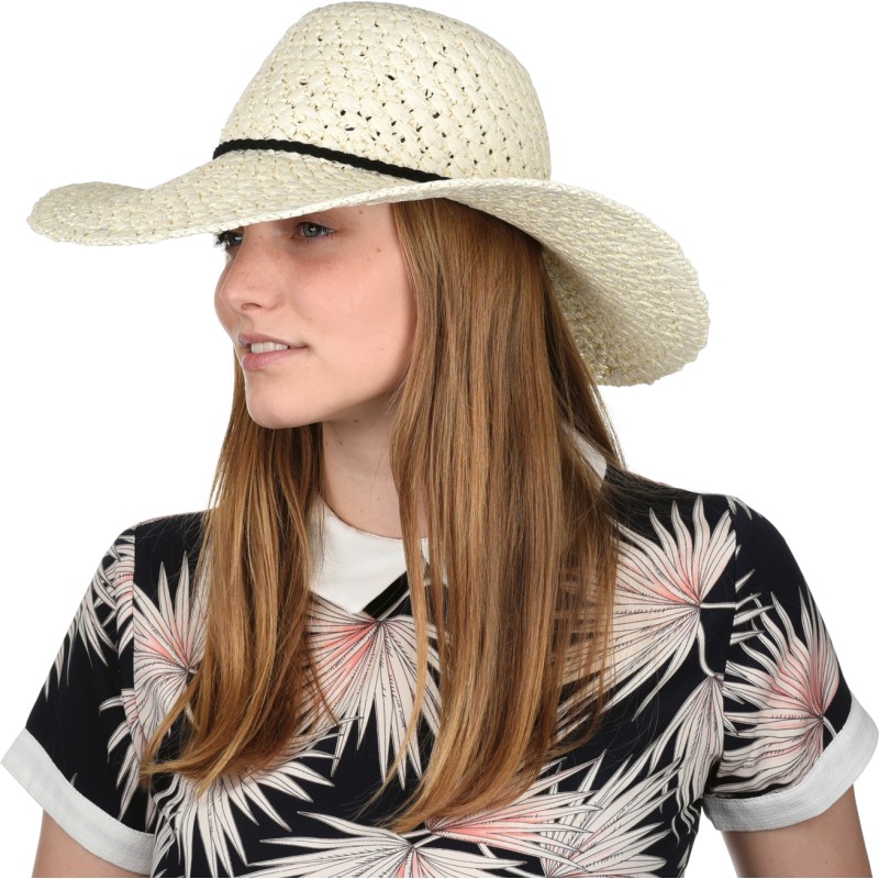 Capeline en paille papier unie avec fine ceinture tressée en faux cuir
